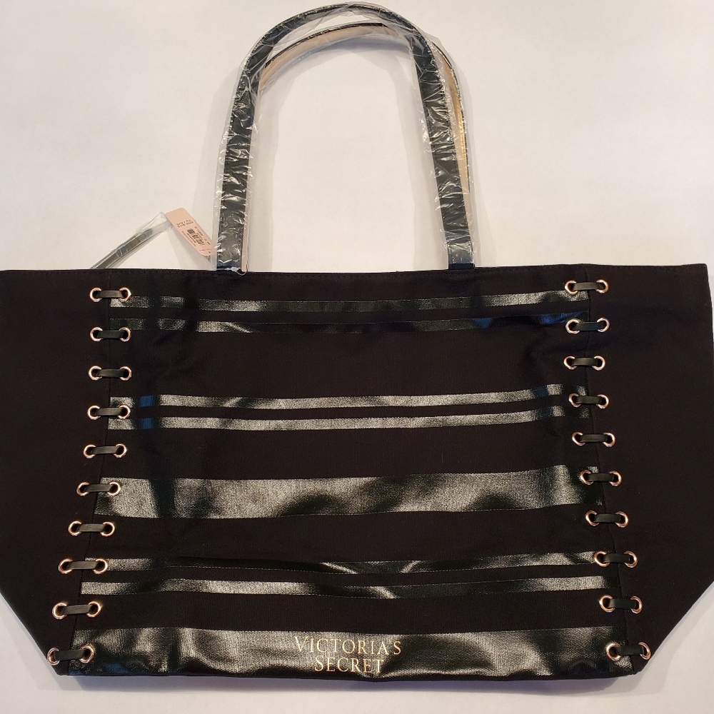 NWT Victoria's Secret Black Lace Up Canvas Tote